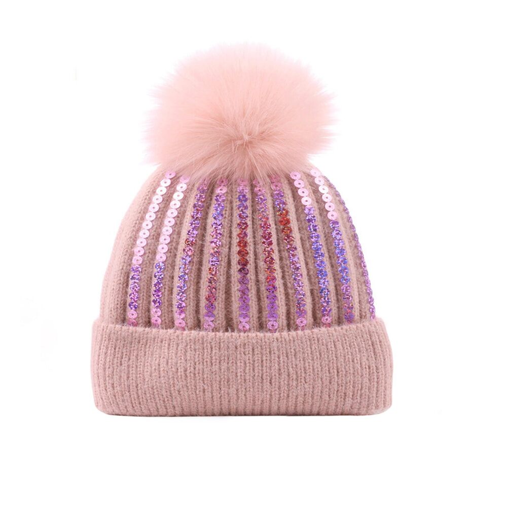 6473 Girls Winter Sequin Beanie Hat with Faux Fur Pom Pom Knit Skull Cap